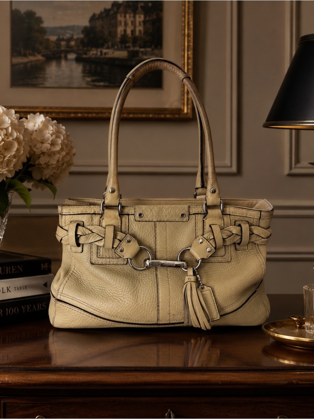 Coach Hampton Cream Pebbled Leather Satchel Shoulder Bag Tassel Charm